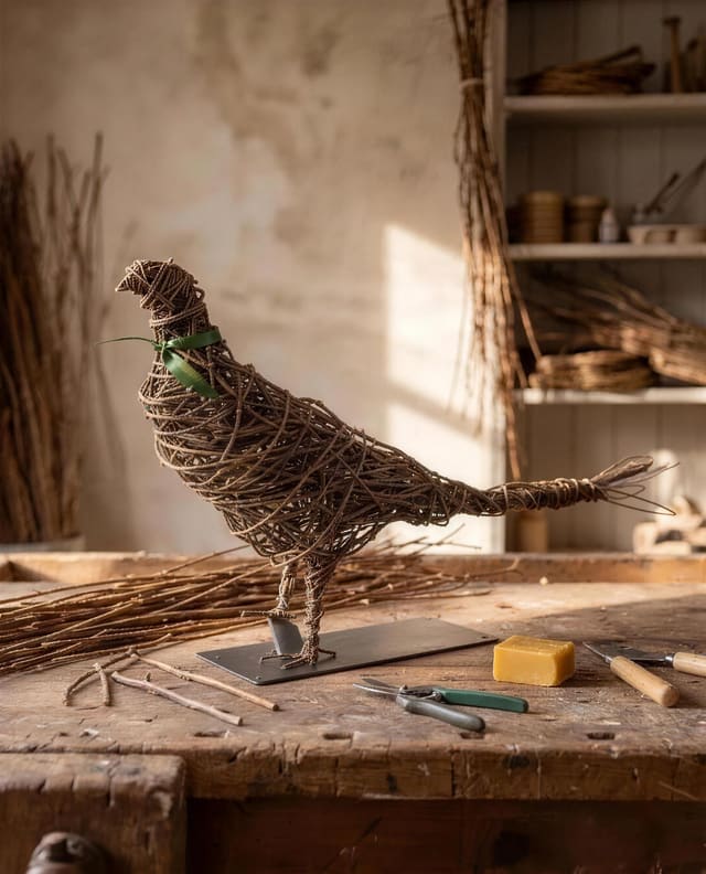A willow pheasant on a workbench with willow rods, secateurs and beeswax